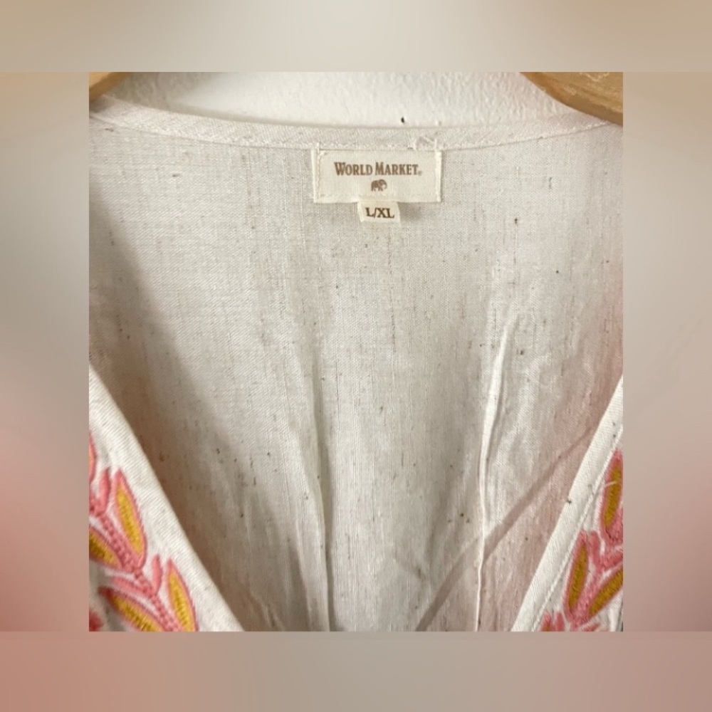 World Market Mira Linen Kaftan Dress L/XL Oatmeal Embroidered Floral - Picture 4 of 6